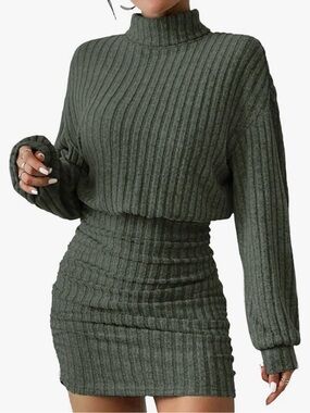 Ribbed Olive Green Knit Sweater Dress